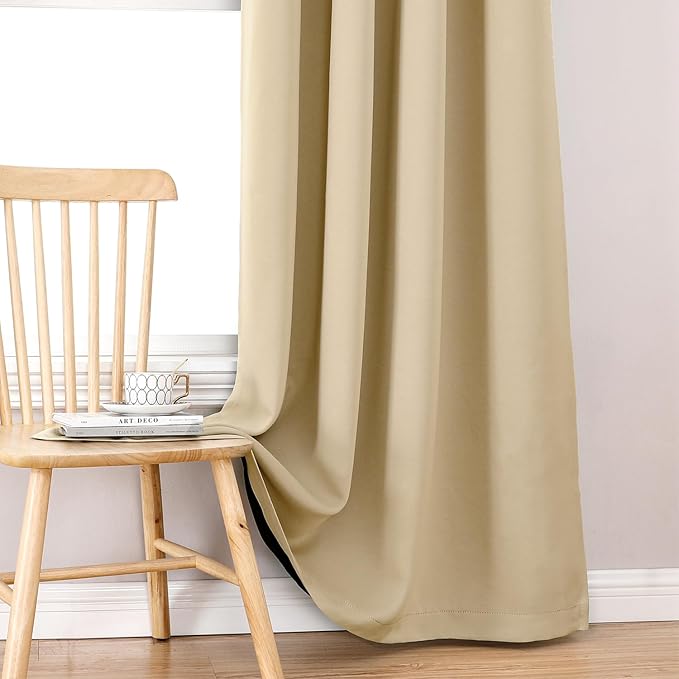 ChrisDowa 100% Blackout Curtains for Bedroom with Black Liner, 2 Thick Layers Total Blackout Thermal Insulated Grommet Window Curtains 2 Panels Set (Beige, 52 x 84 Inch)