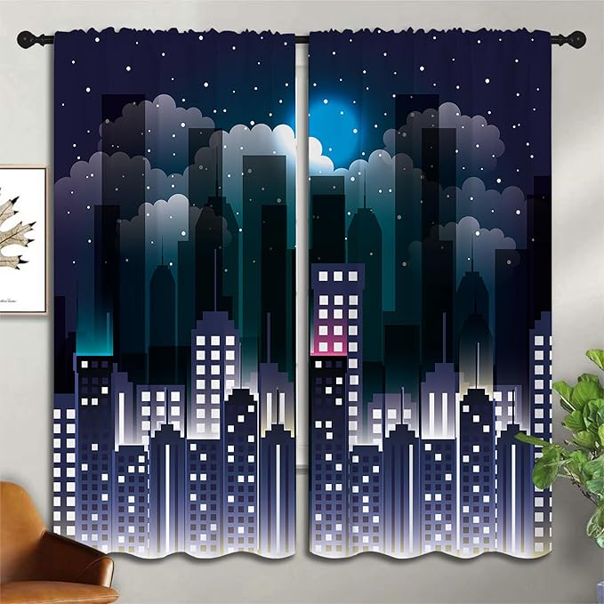 Superhero Rod Pocket Blackout Curtains for Boy Girl Bedroom, Violet Night Sky Buildings Cityscape Home Energy Efficient Light Filtering Window Curtain for Living Room,63x63 inch