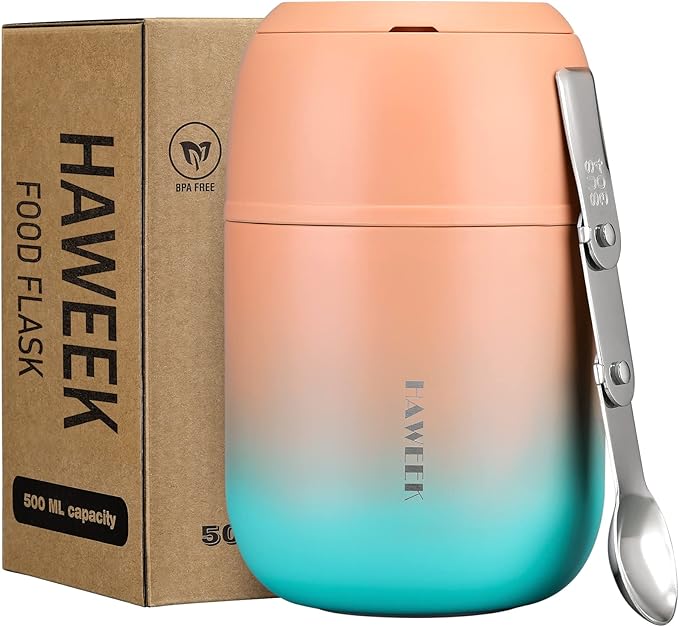 Insulated Food Container 17 oz Soup Thermo for Hot Food Adults, Stainless Steel Vacuum Lunch Box with Folding Spoon, Adult Kids Thermo Portable with Handle for School, Office, Outdoor