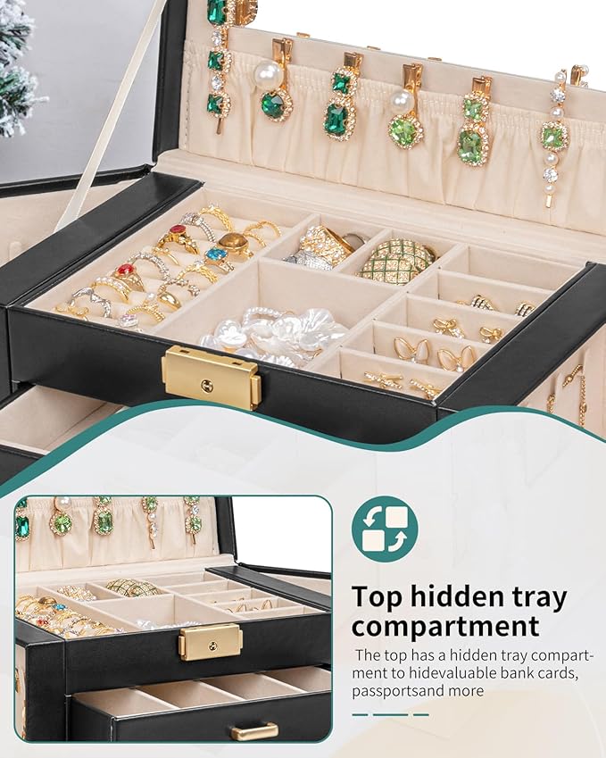 AKOZLIN Large 4-Tier Jewelry Box Leather Jewelry Storage Organizer with 3 Drawers Lockable for Women Girls Ring Necklace Earring Bracelet Watches Holder with Mirror Black