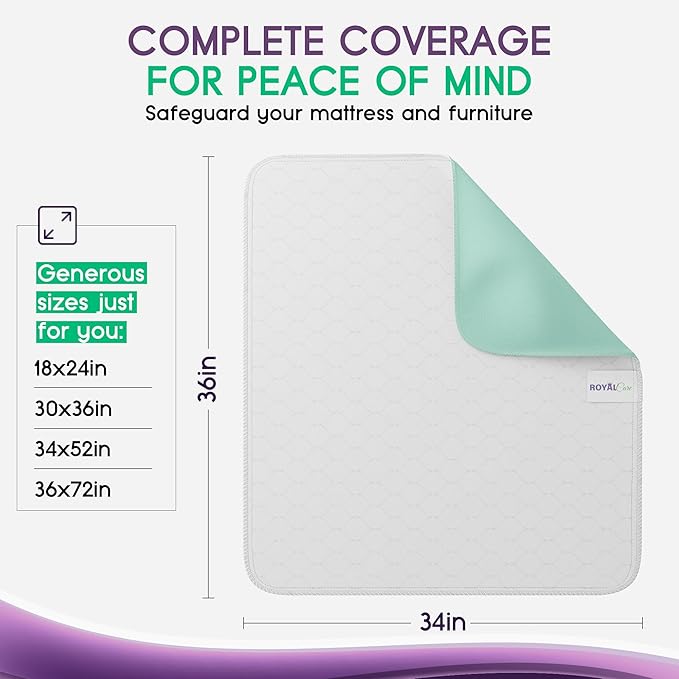 Incontinence Bed Pads - 4 Pack 34"x36" Reusable Waterproof Mattress Protectors - Highly Absorbent, Machine Washable - for Children, Pets and Seniors - Green - Royal Care