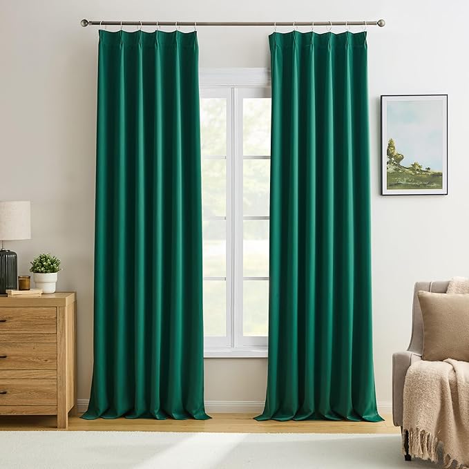 KEQIAOSUOCAI Hunter Green Blackout Curtains with Pinch Pleat, Dark Emarald Green Room Darkening Curtain 84 Inches Long, Thermal Insulated Window Treatment with Hooks 40x84-2PCs