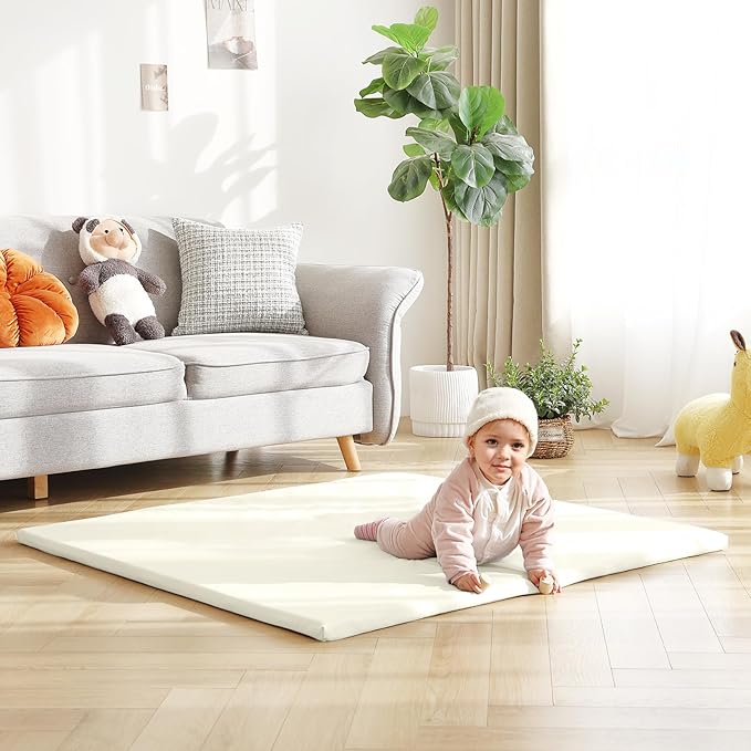 Baby Play Mat 48"x48" – Thick, Non-Slip Foam Mat for Babies and Toddlers. Foldable, Scrubbable, Odorless, and Soft, Ideal for Playpens, Crawling, and Indoor Playtime-Beige