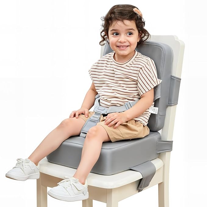 HOMEAL Booster Seat for Kitchen Chair - Compact Toddler Dining Seat with Easy-Install Straps & Wipeable Surface - Breathable Fabric Booster Seat for Table - Light Gray