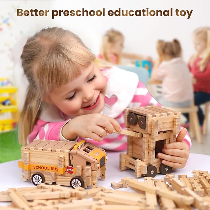 Jovi-mindly＆Notchies Wooden Blocks Train Set 101 PCS Create 40+ Shapes,Toys Educational Wooden Building Blocks Puzzles for Kids Ages 5-8 Boys and Girls,Truck/Excavator,FSC Certified,Graduate Gifts