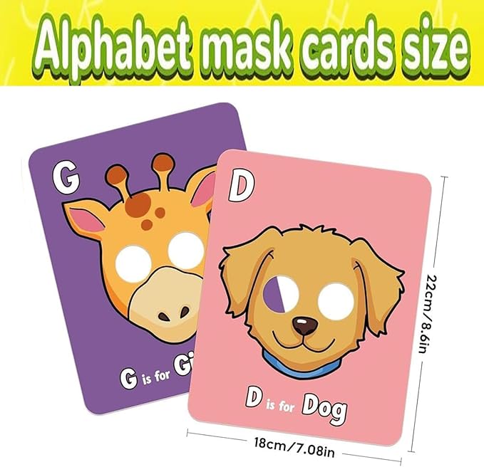 Alphabet Flash Cards,Giant ABC Animal Mask Flash Cards,with Animal Masks, Colorful Alphabet Mask Cards, Interactive Education Games (26pcs)