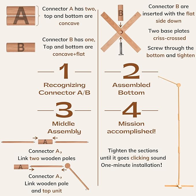 Crib Mobile Arm Wooden Floorstanding - 61 Inches Mobile Arm for Crib|Movable Baby Mobile Hanger|Strong Anti-Dumping Attachment|100% Natural EU Beech Wood|Thicker Wooden Pole|Boho Nursery Decor