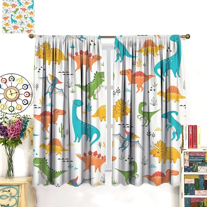 Kids Dinosaur Curtains for Boy Girl Bedroom Decor Cartoon Dino Colorful Cute Funny Animal Wildlife Printed Blackout Rod Pocket Window Drapes for Baby Nursery Playroom Living Room W31.5xL72in 2 Panels