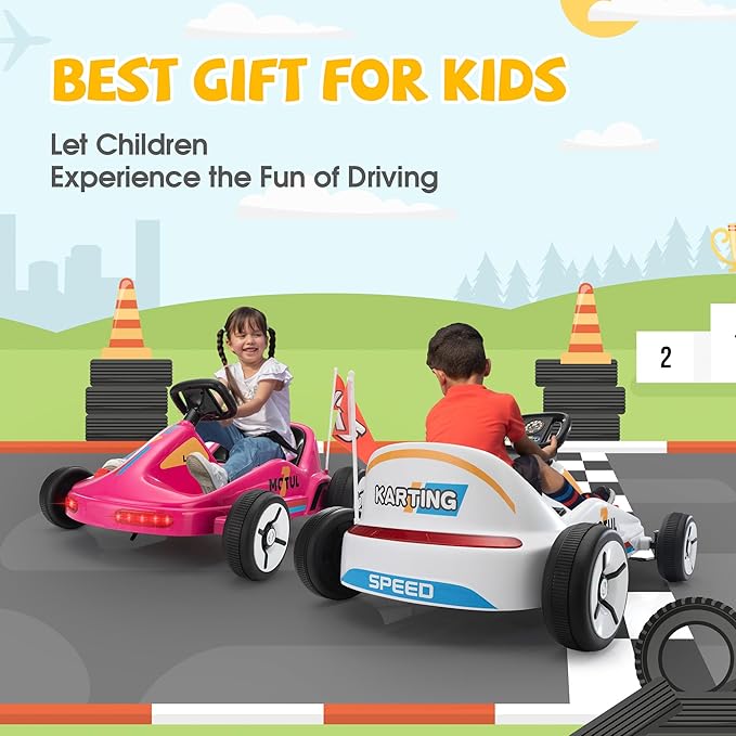 TOBBI 12V Electric Go Kart for Kids Battery Powered Ride on Car Outdoor Race Toy with Remote Control, Safety Belt, Music, LED Lights and Flags for Toddlers 3-8 Years, Pink
