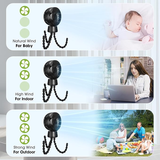 50H Portable Stroller Fan, 15000mAh Ultra-Long Battery Powered Rechargeable Personal Fans, Tripod Clip Fan with Auto Rotation，3 Speed Desk Handheld Cooling for Travel Car Seat Bedroom