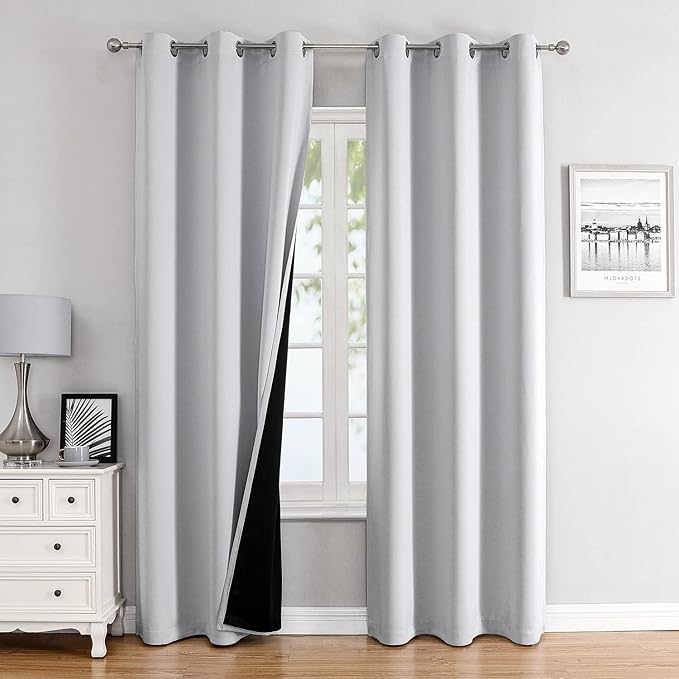 ChrisDowa 100% Blackout Curtains 72 inch Long for Bedroom with Black Liner, 2 Thick Layers Total Blackout Thermal Insulated Grommet Window Curtains 2 Panels Set (Greyish White, 42 x 72 Inch)
