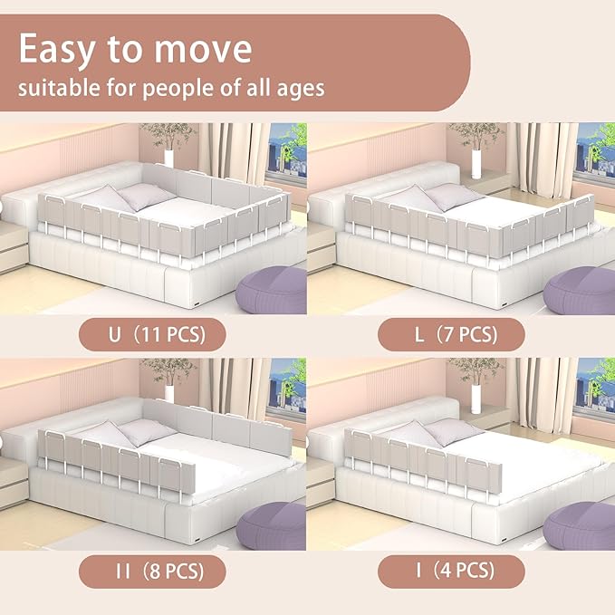 Bed Rail Bumpers for Toddlers, for Elderly Adults Safety, Bed Side Guard Rails for Kids, Twin，Queen & King Full Size Beds（Gray, 2 Packs）