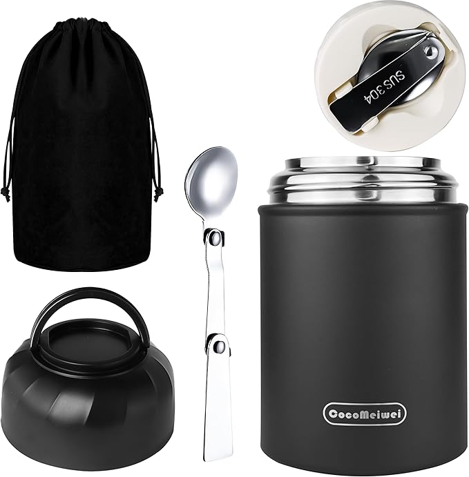 Thermo for Hot Food & Drinks, Thermo Lunch Box, 17oz Vacuum Insulated Food Container with Spoon&Drawstring Bag, Soup Thermo for Adults, Black
