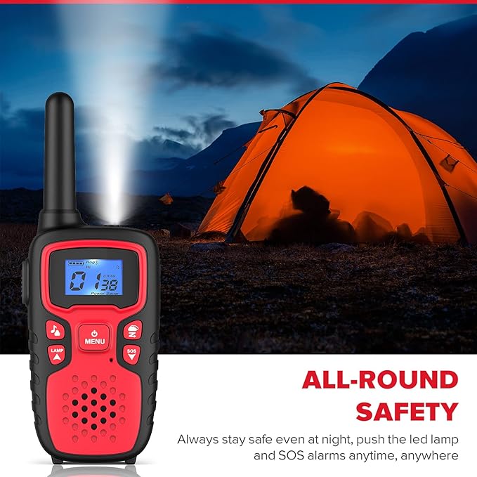 Wishouse Walkie Talkies for Kids Adults - Long Range Rechargeable 2 Way Radios,Gift,Hiking Accessories Camping Gear with Lamp,SOS Siren,NOAA Weather Alert,VOX,Easy to Use Red Blue 2 Pack