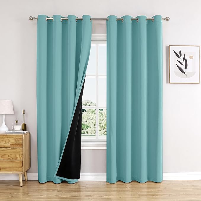 ChrisDowa 100% Blackout Curtains 90 inch Long for Bedroom with Black Liner, 2 Thick Layers Total Blackout Thermal Insulated Grommet Window Curtains 2 Panels Set (Aqua, 52 x 90 Inch)
