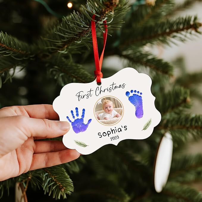 Baby Hand and Footprint Ornament - Baby Frist Christmas Ornament 2025 with Custom Photo, Name, Date - Personalized Baby Gifts, Newborn Keepsake, New Mom Gifts