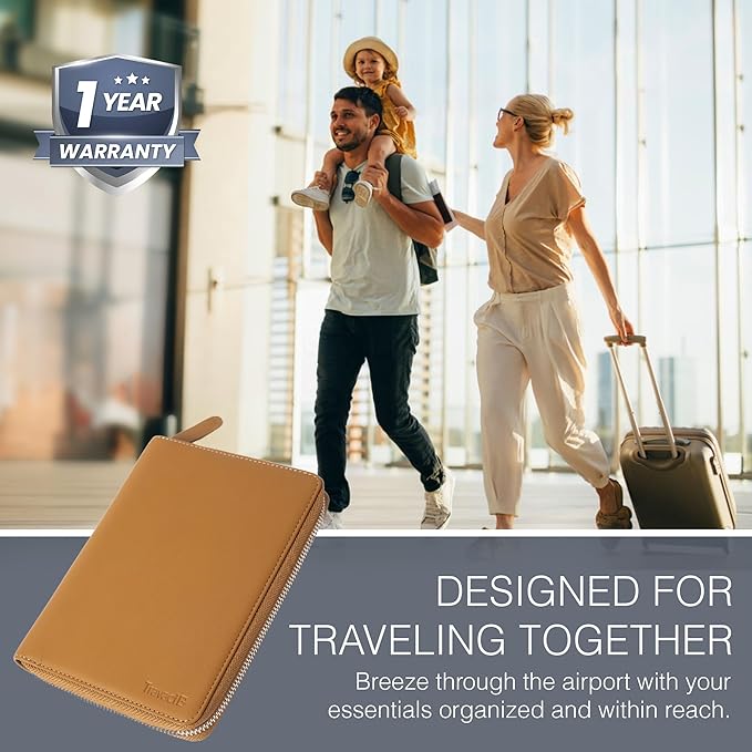 Full Grain Leather Family Passport Holder for 2-4 Passports - RFID Passport Holder and Travel Document Organizer - Large Leather Travel Wallet for Couples and Families - Camel