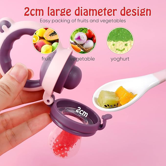 Baby Solids/Frozen Fruit Feeder Pacifier, Infant Teether Toy 4M+, BPA-Free Silicone Pouch & Nipple, Safely Introduce Solids, Teething Relief, 2-Pack (Bear - Purple Pink White, S/M/L)