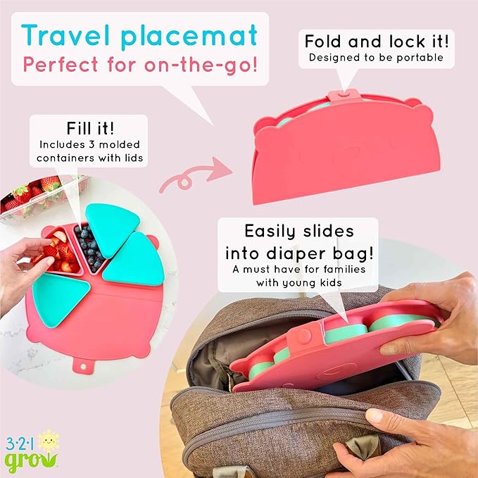 On-The-Go Snack Mat – Baby Silicone Travel Dining Placemat – Portable Silicone Toddler Plate – Reusable Snack Container with 3 Compartments and Lids for 6 Months + (Watermelon)