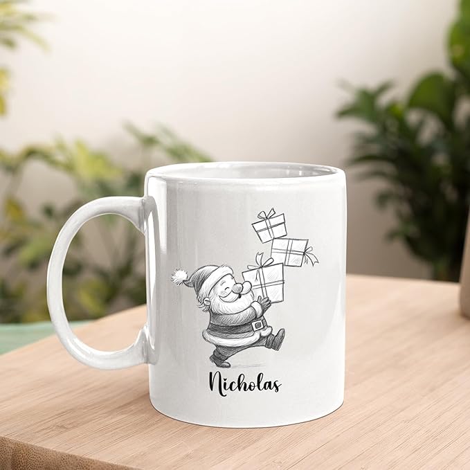 Santa Claus White Ceramic Teacup, Personalized Santa Claus Accent Coffee Mug Gift For Grandson Boyfriend Brother on Christmas Holiday, Unique Birthday Coffee Cup 11 Oz 15 Oz, Custom Name Kids Teacup