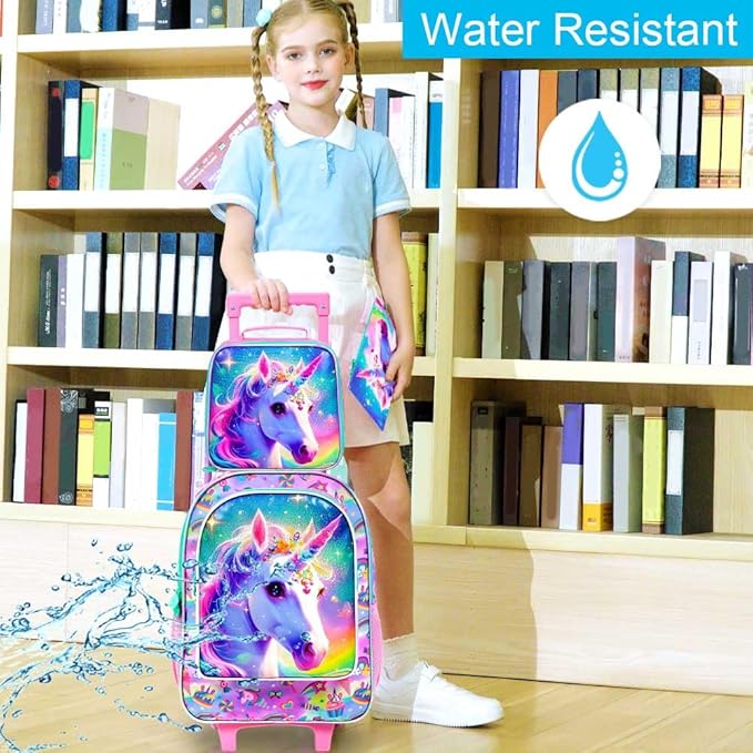 gxtvo Girls Rolling Backpack, Cute Unicorn Roller Wheels Kids Bookbag - Wheeled Elementary School Bag - 3PCS Unicorn