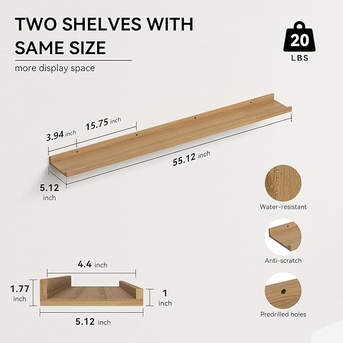 55.1 Inches Long Floating Shelves, 2 Set Rustic Wall Shelf for Bedroom, Nursery Book Shelf with Lip, Picture Ledge Shelf for Living Room, Bathroom, Kitchen - Oak