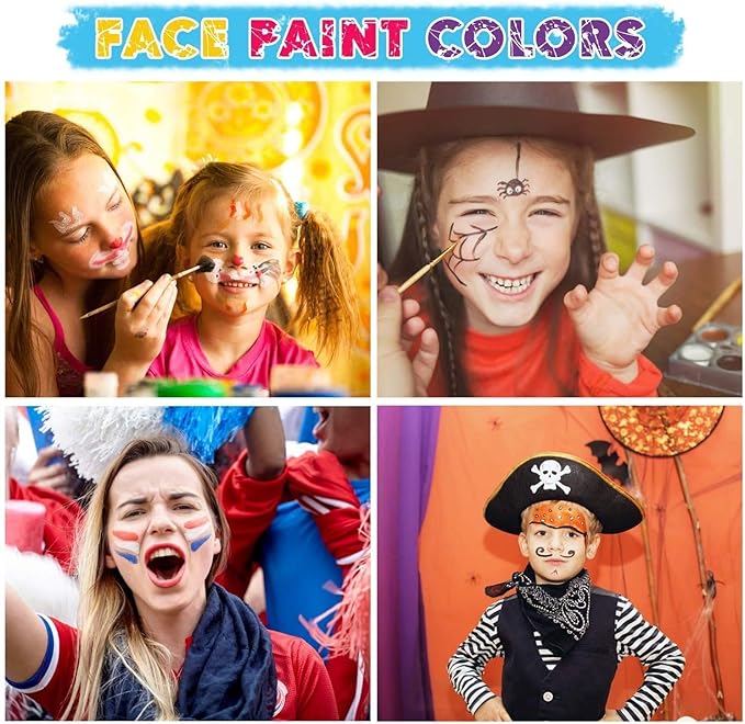 Maydear Face Painting Kit for Kids, 32 Colors Water Based Makeup Palette with Stencils, Glitters, Rainbow Split Cake, Hair Dye Clips, for Parties, Halloween, Safe Professional Face Body Paint Kit
