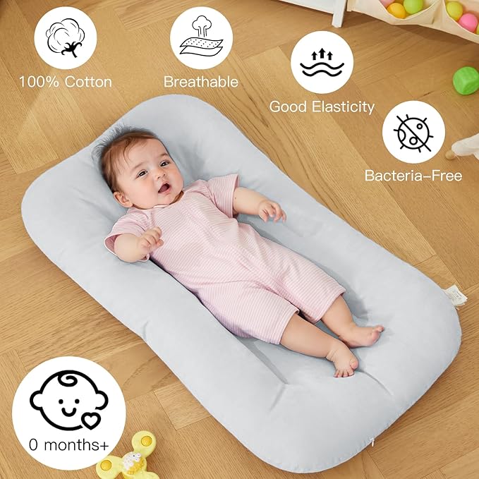 Baby Lounger for Newborn, Bionic Design Baby Lounger, Soft Organic Cotton Breathable Lounger for Infants 0-18 Months (Gray)