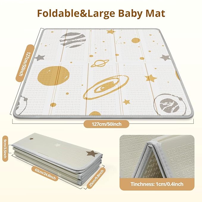 Foldable Baby Play Mat, PIGLOG Waterproof Playmats for Babies and Toddlers Kids, Safe Foam Playmat for Tummy Time, 50x50 Playpen Mat, Reversible Baby Floor Mat for Infant, Toddler, Vast Planet