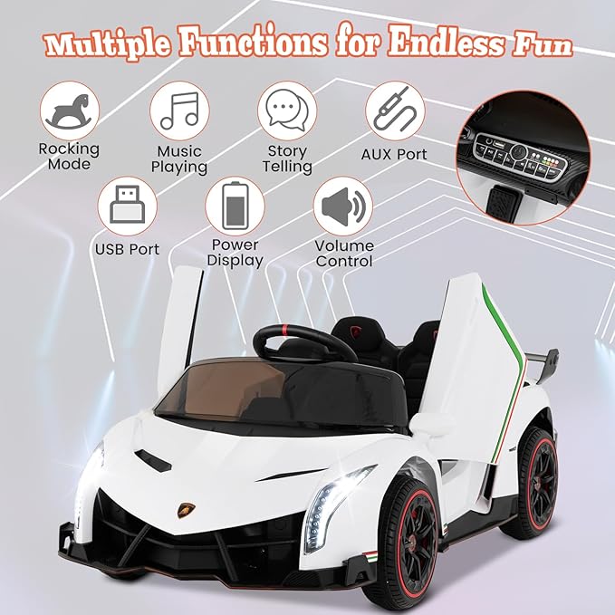 Costzon Ride on Car, Lamborghini Licensed 12V Battery Powered 4WD Sports Car with Remote Control, 3 Speeds, Hydraulic Doors, LED Lights, Towing Wheel, Horn, Music, Electric Vehicle for Kids Aged 3-8