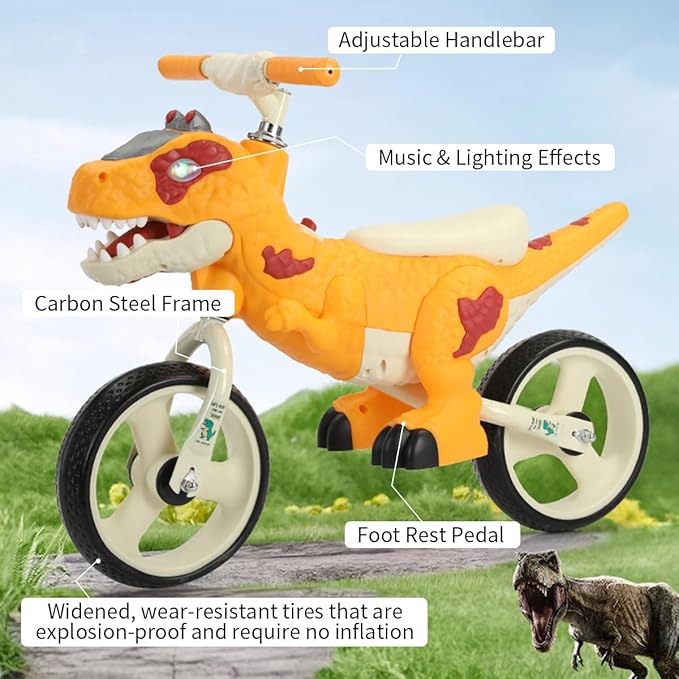 Dinosaur-Themed Toddler Balance Bike Toys for 2-7 Year Old Girls & Boys - Music & Lighting Effects, No-Pedal Training Bike, Best Gifts for Kids with Carbon Steel Frame & Adjustable Handlebar