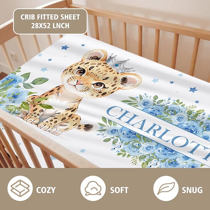 Custom Name Crib Bedding Set - Blue Floral Leopard Pattern, Personalized Nursery Bedding 3-Piece Set– Soft Blanket, Fitted Sheet, Changing Pad Cover – for Newborns Girls Nursery Gifts