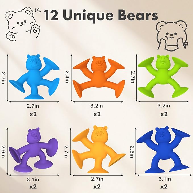 Cute Bear Suction Cup Toy Bath Toys for Kids Ages 4-8 No Hole Bathtub Sensory Toy Airplane Toys for Toddlers 1-3, Connect Build Create Baby Toys, 12 PCS