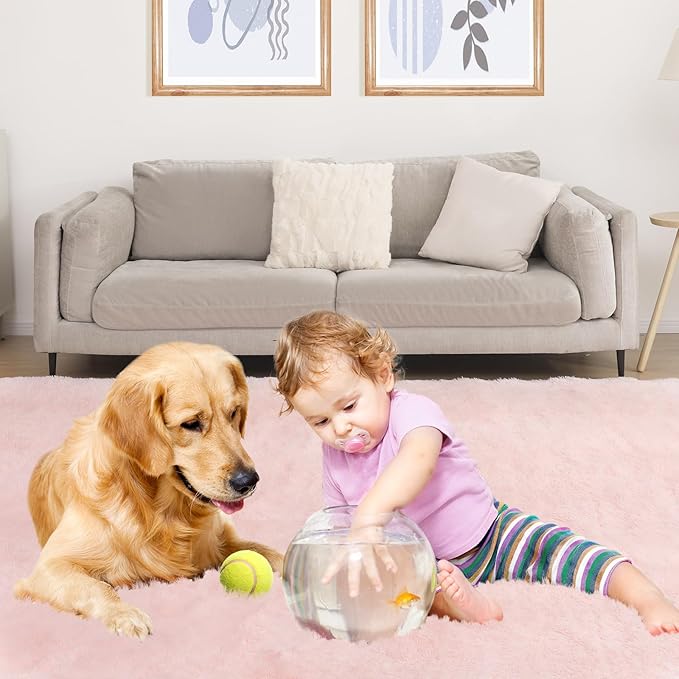 Fluffy Pink Area Rug, 4x6 Shag Rugs for Bedroom, Soft Plush Area Rugs for Living Room, Non-Slip Indoor Carpet for Nursery, Study Room, Playroom, Home Decor