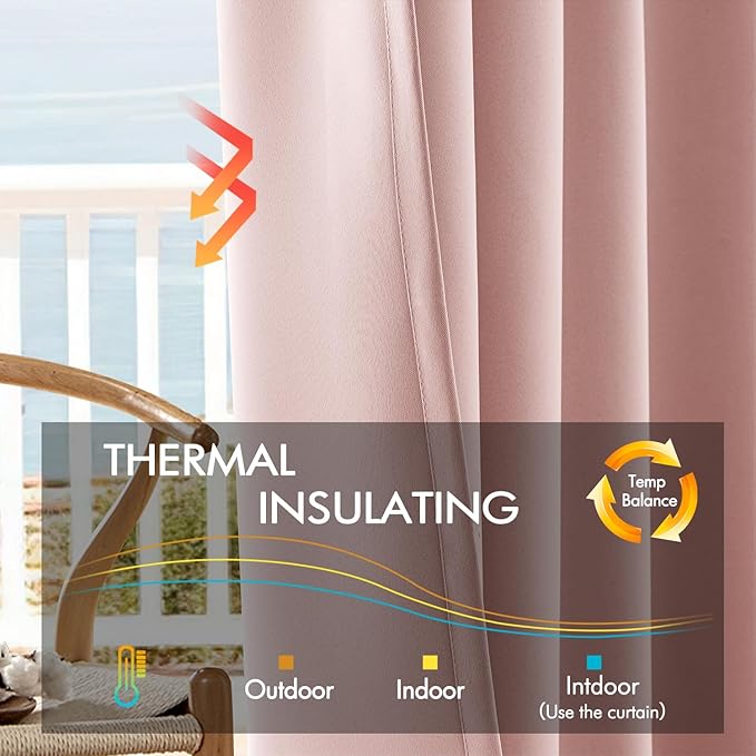 ANRODUO Light Pink Blackout Curtains for Girls Bedroom Living Room, Back Tab Rod Pocket Pinch Pleated Thermal Insulated Room Darkening Curtains 63 Inches Long 2 Panels, 42 x 63 Inch