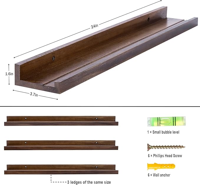 AZSKY 24 Inch Floating Shelves Rustic Wood Wall Shelf Deep Dark Walnut Floating Shelves a Set of 3 Hanging Narrow Picture Photo Ledge Shelves Wall Mounted Bathroom Bedroom Kitchen Office Décor