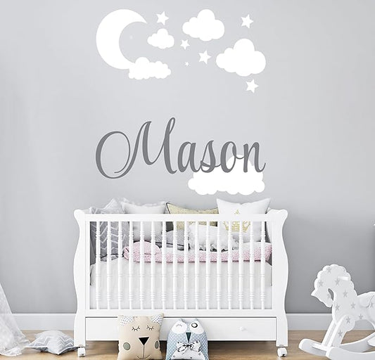 Custom Name with Moon Clouds and Stars Nursery Baby Name Wall Art Wall Decal for Nursery Bedroom playroom Decoration (Wide 40x40In Height), Wide 40Inx40In Height
