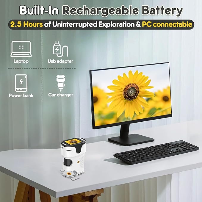 1000X Handheld Microscope for Kids 4K 2.0" Screen Rechargeable Mini Pocket Digital Microscopes w/Slides Kit Portable Edu Gift Age 4-6 8-12 Children Students (White)