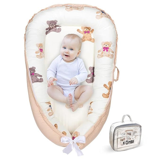 Baby Lounger - Baby Lounger for Newborn 0-24 Months, Breathable, Soft Cotton Baby Nest, Portable Infant Lounger for Home & Travel, Newborn Essentials Gift (Ivory Bear)