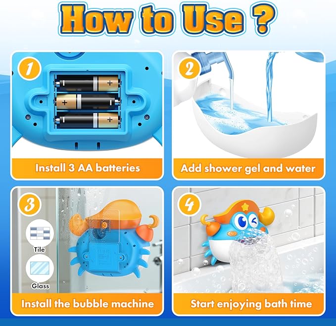 Baby Bath Toys,Light Up Crab Bubble Machine Blower with LED Lights,3 Cute Wind-Up Bath Toys for Kids Ages 1-3 4-8 Toddler Bathub Toy Great Birthday Gifts for Kids