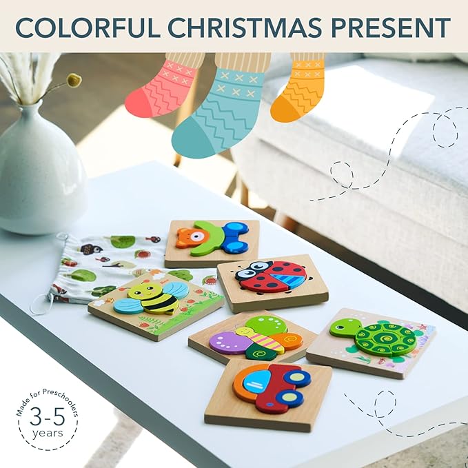 MAGIFIRE Wooden Puzzles 12-18 Months - Multicolor 6-Pack Animal & Vehicle Shapes with Storage Bag - Chunky Wood Puzzles for Fine Motor & Hand‐Eye Coordination - Ideal Toddler Gifts Age 1-2