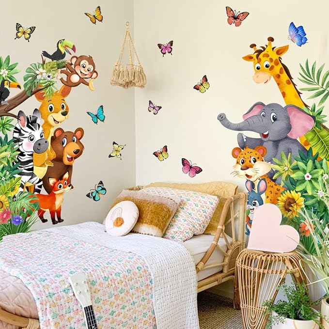 Jungle Animal Wall Decals, Cartoon Animal Sticker Safari Elephant Lion Monkey Wall Decals for Baby Room Playroom Bedroom Classroom Kindergarten Decor