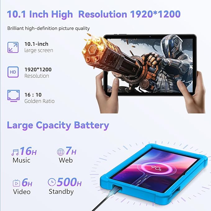HUIHUANG Tablet 10 Inch Android 14 Tablet, 16GB RAM 128GB ROM, 1TB Expansion, Octa-core, Large Capacity Battery, 5MP + 8MP Dual Camera, 5G/2.4G WiFi, Bluetooth 5.0, GPS, Drop-Proof Case (Blue)