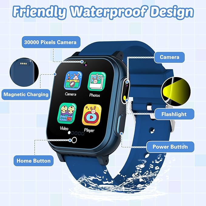 Waterproof Smart Watch for Kids Toys for Boys Age 5-12 with 32 Games, Dual Camera, Habit Tracking, Music Player, Video, Alarm Clock, HD Touchscreen Kids Smart Watch Birthday Gift for 3-12 Year Old