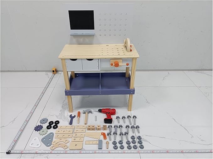 Wooden Kids Tool Bench with Electric Drill, Toddler Tool Bench with Storage Drawers and Platform, Toy Workbench Workshop with Play Tools Set for Boys and Girls, Perfect for Ages 3+