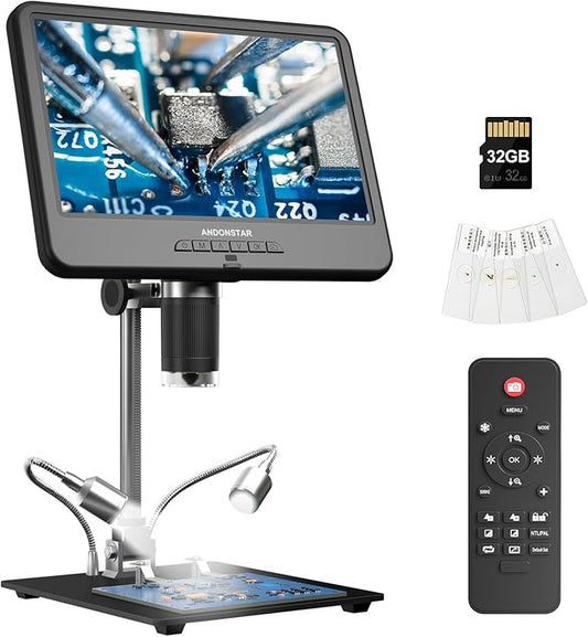 Andonstar AD210 10.1 Inch LCD Digital Microscope for Adults, Soldering Microscope for Electronics Repair, Coin Microscope Camera Full View for Error Coins with Light, Biological Slides Kit, 32G Card