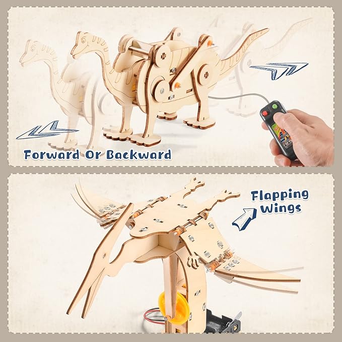 Dinosaur STEM Kits for Kids Ages 6-8-10-12, 4 in 1 Wood Building Toys for Boys Age 8-12, Build It Yourself Woodworking Kit, DIY 3D Wooden Puzzles Model Science Crafts for Kids, Stem Projects