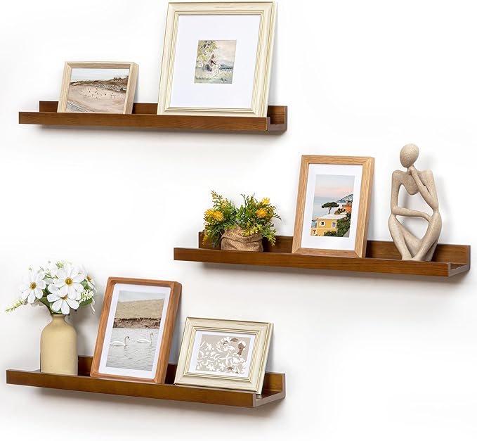 Picture Ledge Wall Shelves 24 inches Width Set of 3, Solid Pine Wood Rustic Floating Ledge Shelves for Wall for Kids' Room Bedroom Kitchen Bathroom Living Room Nursery Display Wall Decor, Walnut