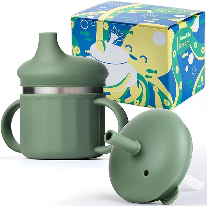 Jumble Dream Baby & Toddler Stainless Steel Sippy Cup Silicon Training Stainless Steel Kids Cups with Straw, Babies Tumbler with Straw No Spill | 6-24 Month Toddler Sippy Cup (Sage Breeze)