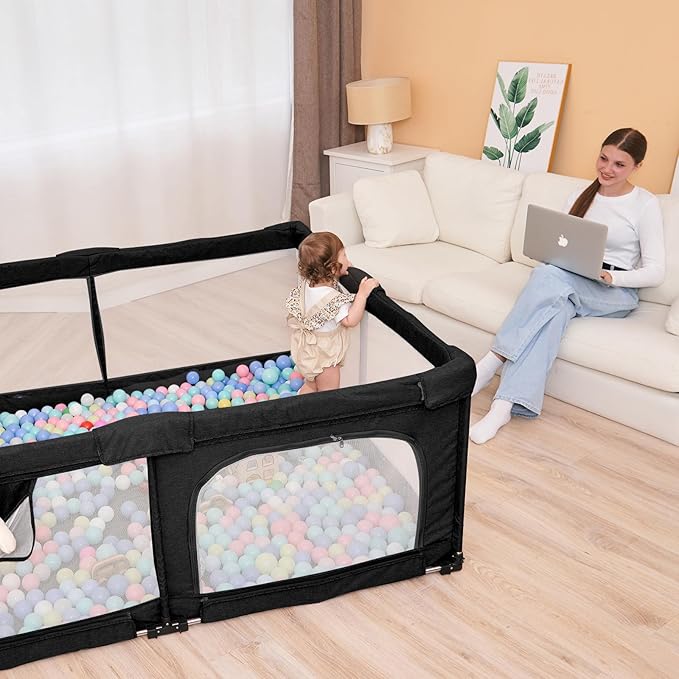 Foldable Baby Playpen with Gate, Extra Large Collapsible Play Yard for Babies & Toddlers, Portable Travel Play Pen with Fence, Safe Activity Center for Indoor & Outdoor Use (51"×51" Black)